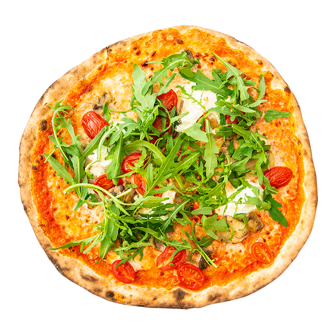 Pizza Veneziana: pomodoro, mozzarella, pomodori freschi, mascarpone, funghi, rucola