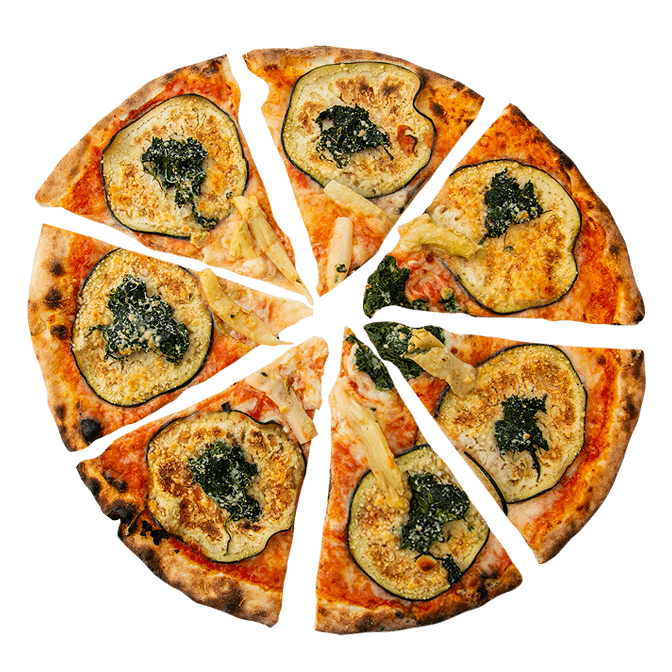 Pizza Ortolana: pomodoro, mozzarella, melanzane, asparagi, spinaci, parmigiano