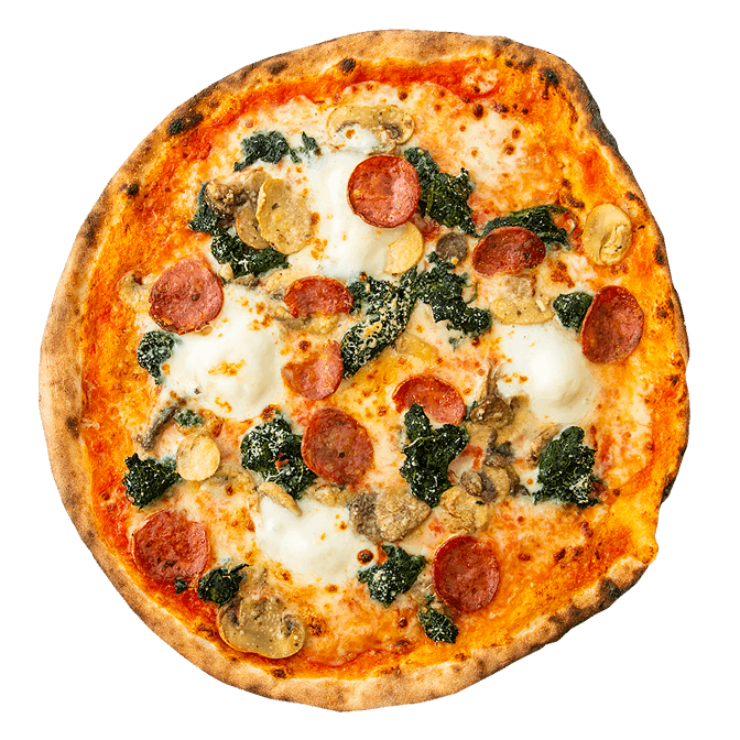 Pizza Bolzanina: pomodoro, mozzarella, spinaci, funghi, salamino, stracchino, parmigiano