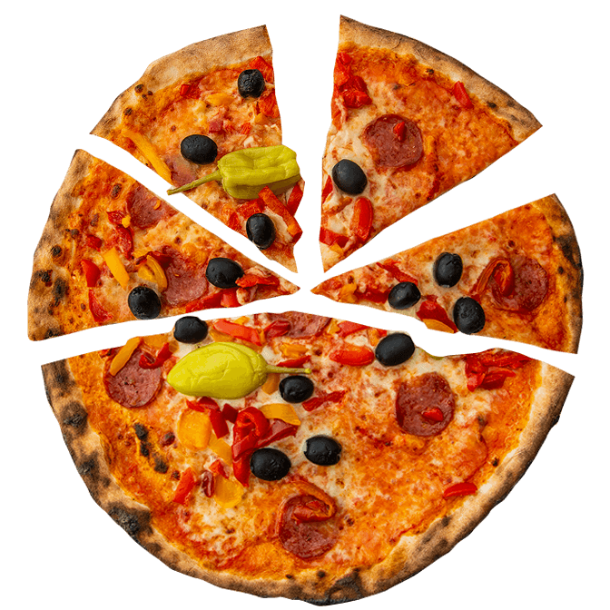 Pizza Diavola: pomodoro, mozzarellla, salamino, peperoni agrodolci, olive