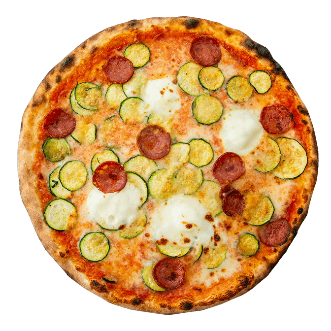 Pizza Golosa: pomodoro, mozzarella, zucchine, parmigiano, stracchino, salamino